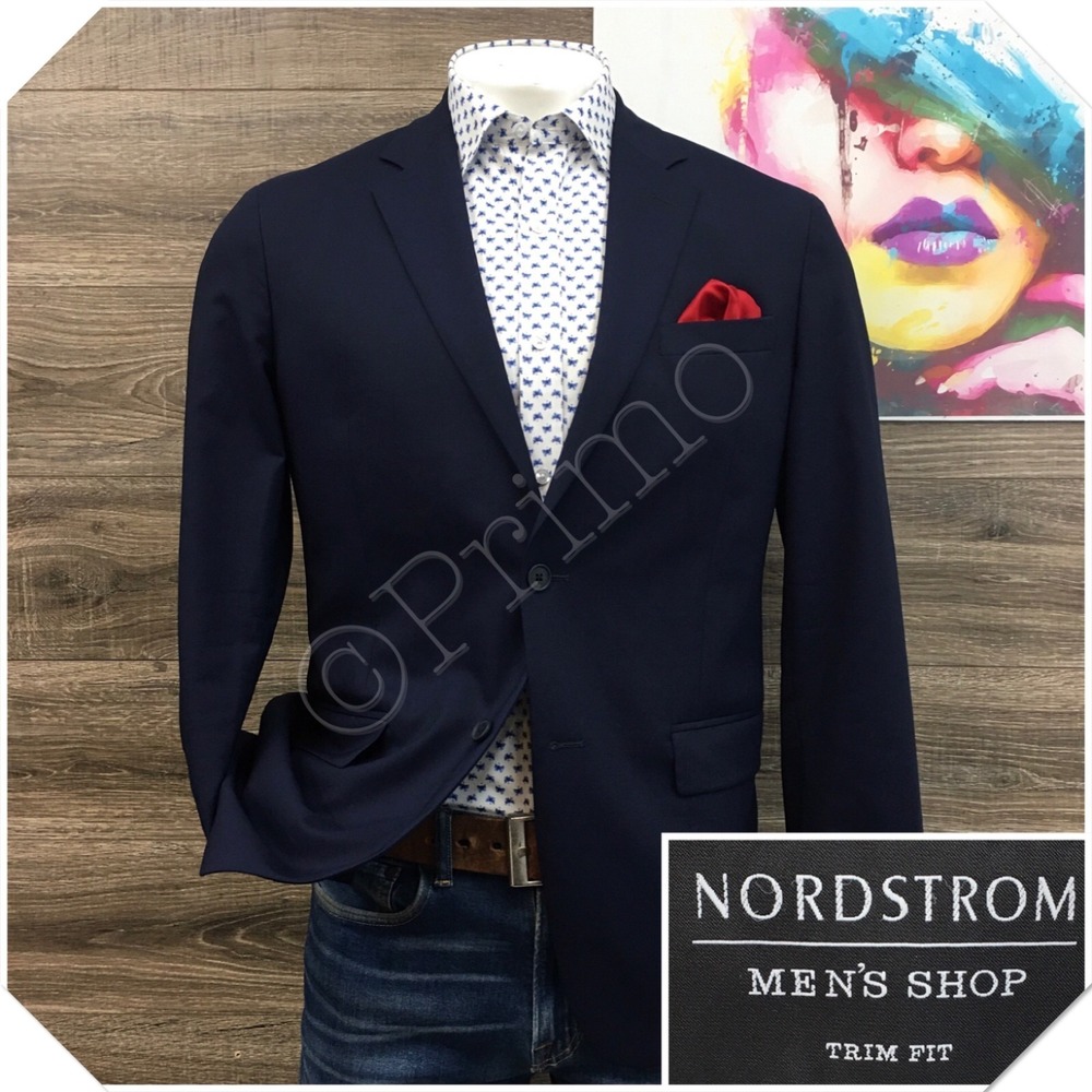 NORDSTROM Mens Navy Blazer Sport Coat Casual Jacket Size 42R Trim Fit Wool Suit
